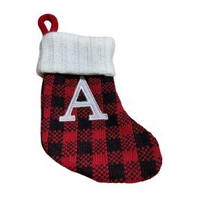 Red & Black Small Buffalo Plaid Knit Stocking White Cuff & Monogram Letter A 6in
